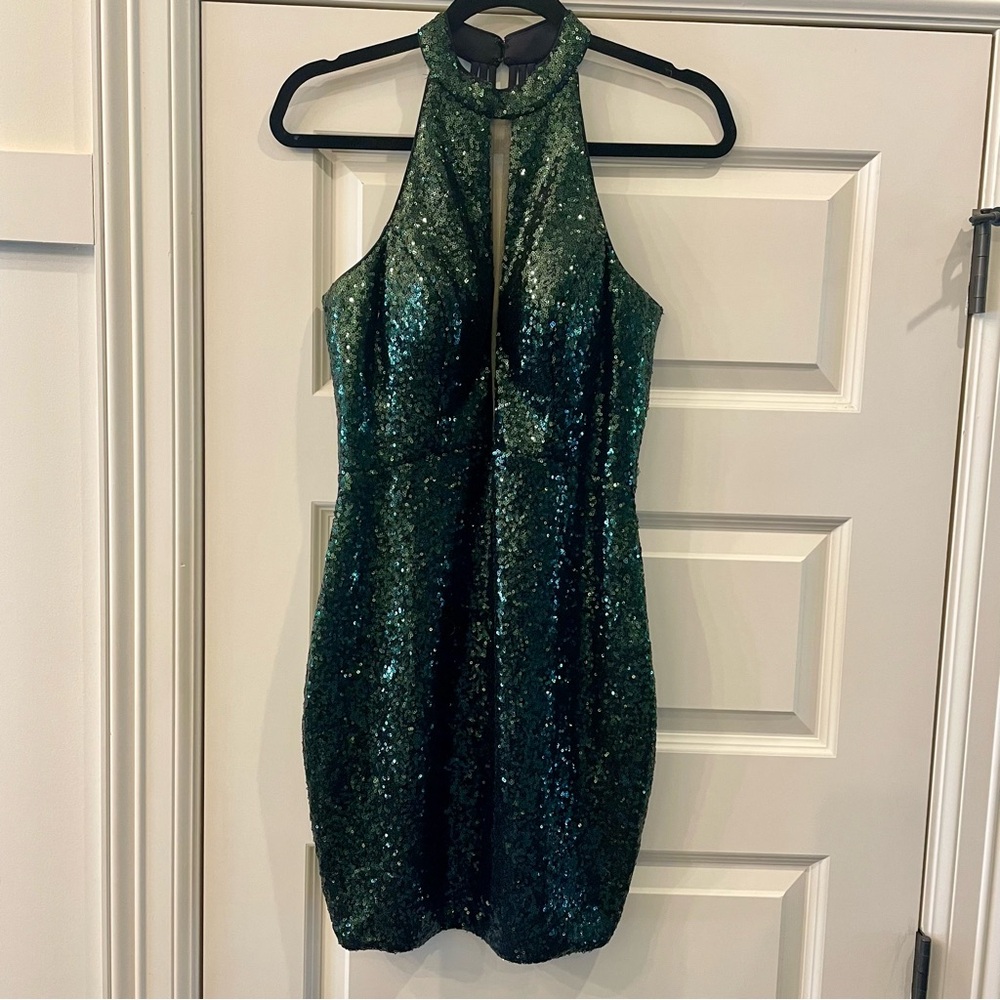 Alyce Paris Dark Green Sequin Halter Mini Dress 4 - Picture 3 of 6